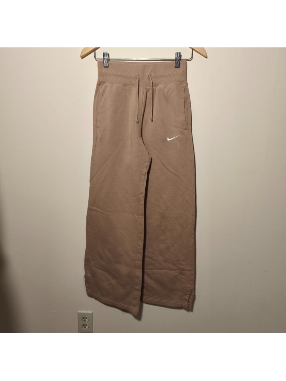 Nike phoenix high waist wide leg women Brown/Tan Sweatpants with White Swoosh